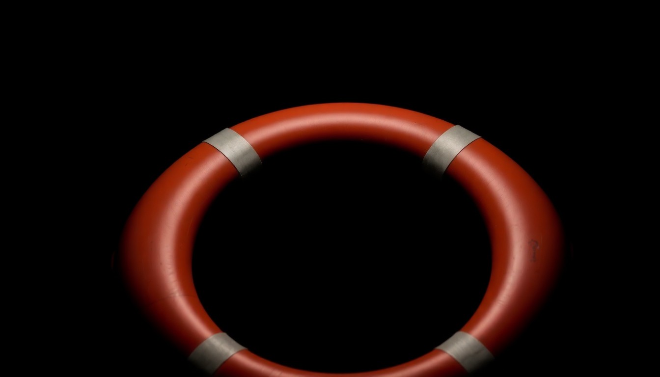 An extreme close-up of a lifesaver ring against a pitch-black background, the harsh flash illuminating the textured material in a gritty, investigative style that conceptually represents the serious legal issues at the heart of this drowning case.