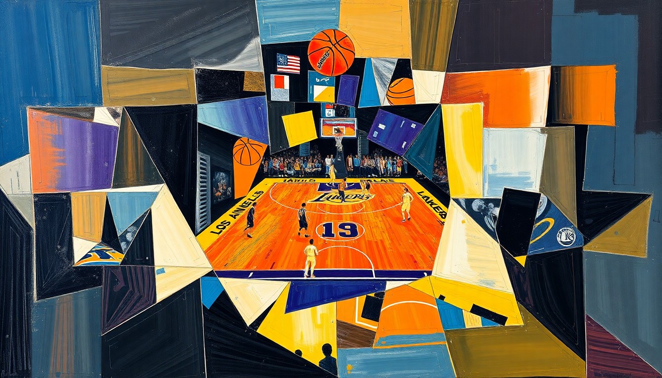 A fragmented, geometric painting depicting a basketball game, with sharp planes of color and form representing the dynamic action on the court.