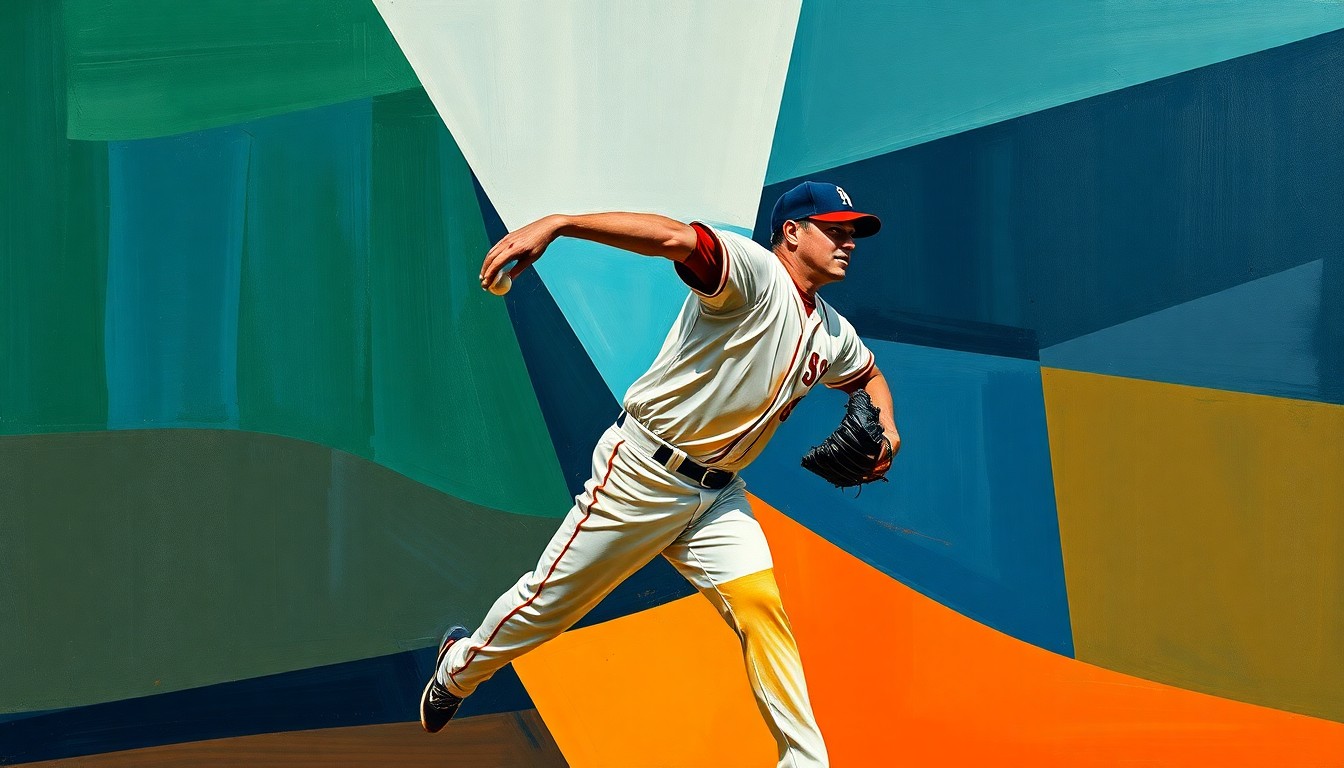 A fractured, multi-perspective painting depicting a baseball pitcher's windup and delivery broken down into sharp, overlapping geometric shapes in navy, green, and orange, conveying the fragmented nature of the Blue Jays' injury-plagued pitching staff.