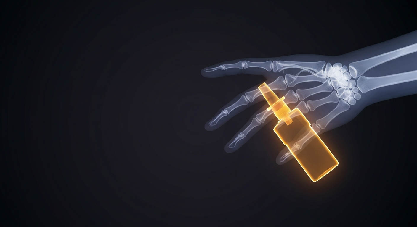A ghostly, translucent X-ray image revealing the internal bone structure and veins of a human hand reaching towards a glowing, neon-outlined Narcan nasal spray device, conceptually illustrating the medical importance of this overdose reversal medication.
