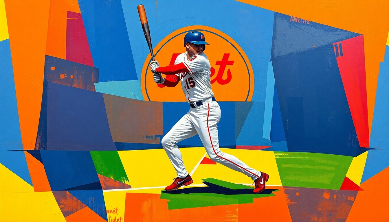 A fragmented, geometric painting in the style of Pablo Picasso, depicting the dynamic motion of a baseball player's batting stance or outfield catch, with sharp planes of color representing the Mets' team colors.