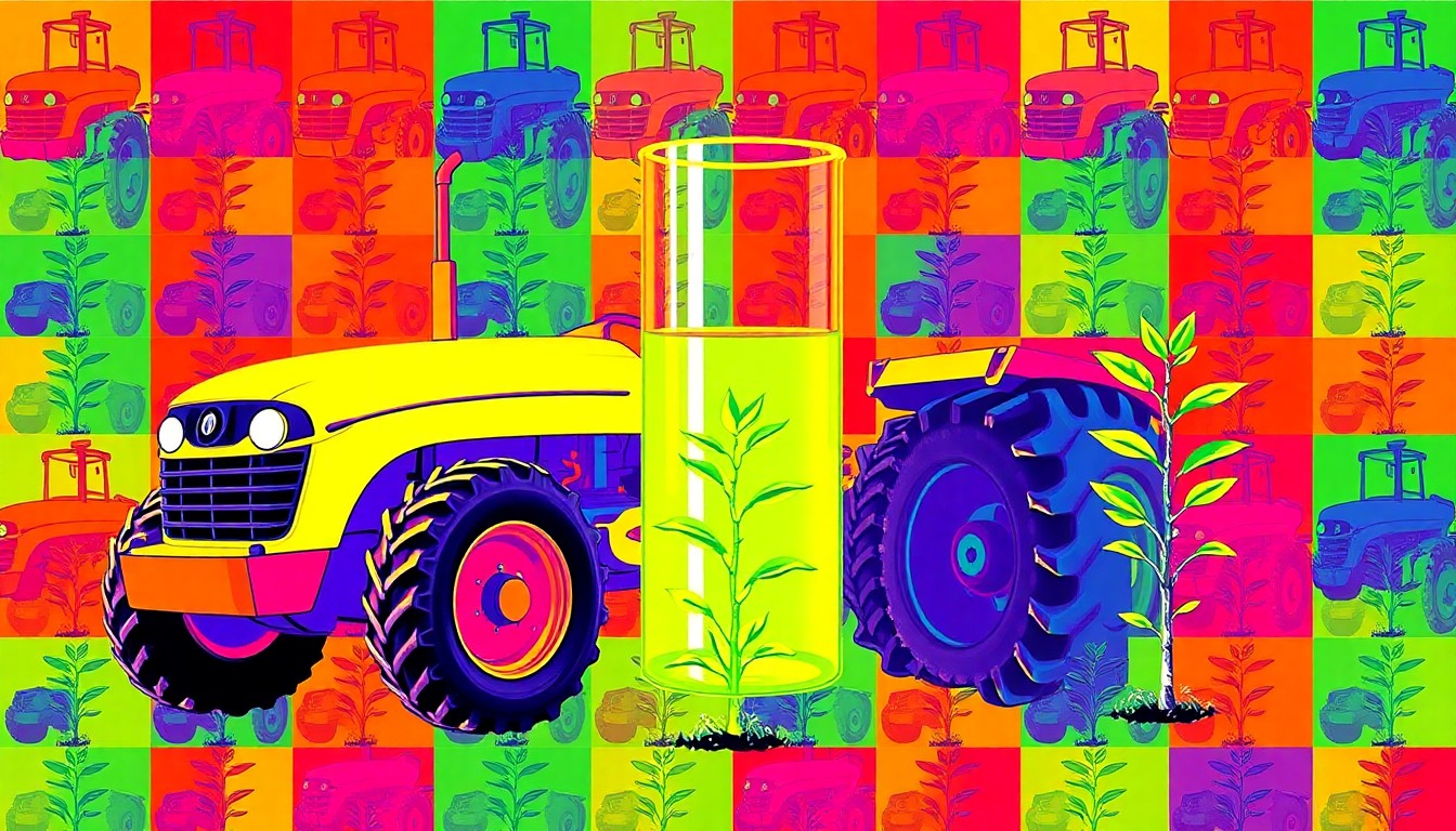A bold, colorful silkscreen-style illustration featuring repeating images of a tractor, a laboratory beaker, and a tree seedling, representing the wide range of agricultural disciplines and innovations showcased at the Minnesota FFA convention.