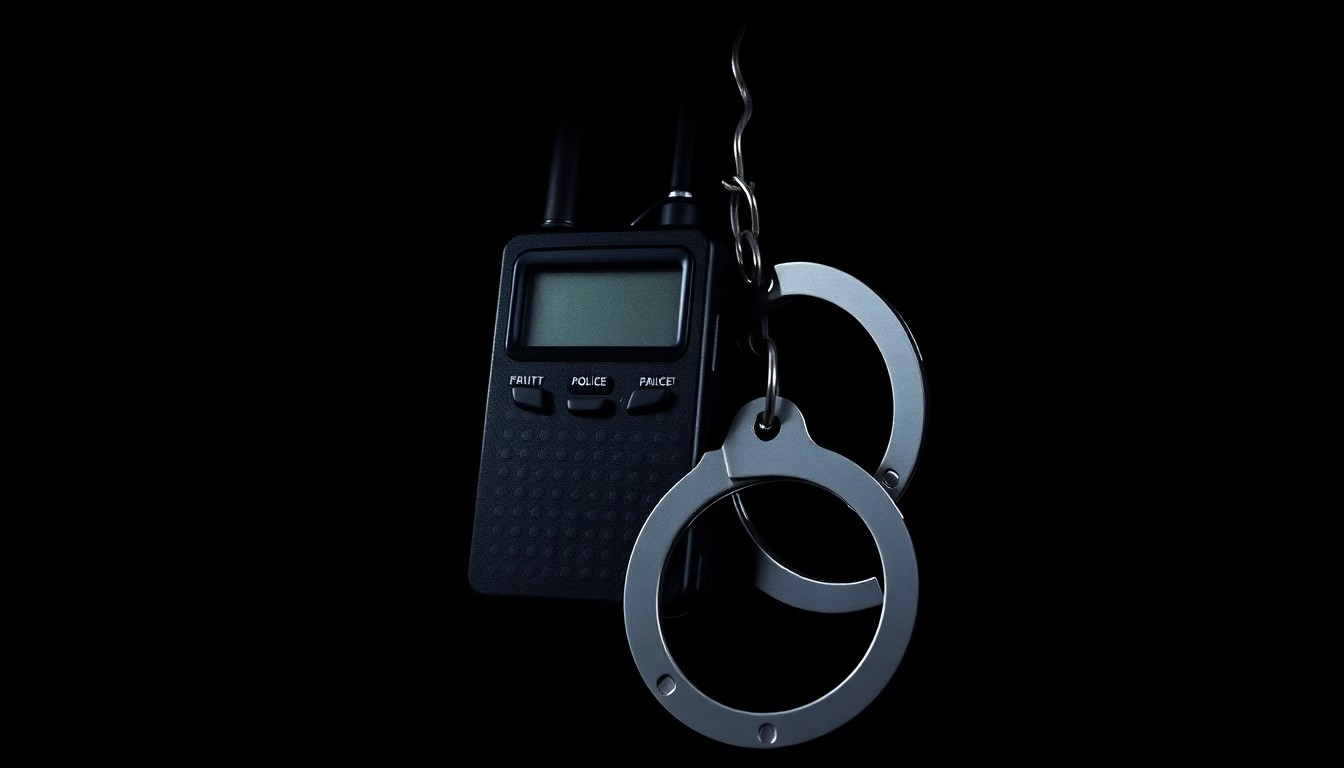 An extreme close-up photograph of a pair of handcuffs against a pitch-black background, lit by a harsh, direct camera flash, conceptually representing the data on arrests in Osage County.