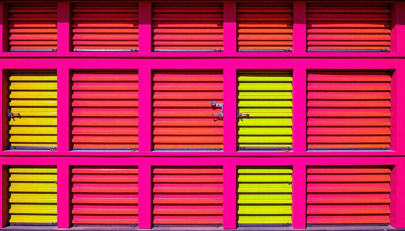 A bold, colorful silkscreen-style illustration featuring a repeated pattern of a single storage unit door in bright, neon-like hues, conceptually representing the increasing need for storage solutions in New York City.