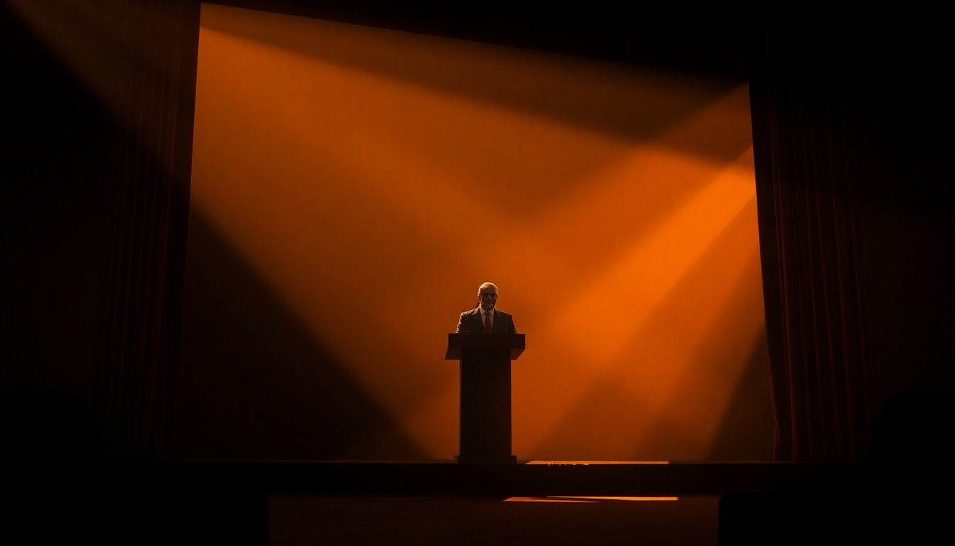 A cinematic painting of a solitary figure standing at a podium on a dimly lit stage, with warm sunlight and deep shadows creating a contemplative, nostalgic mood.