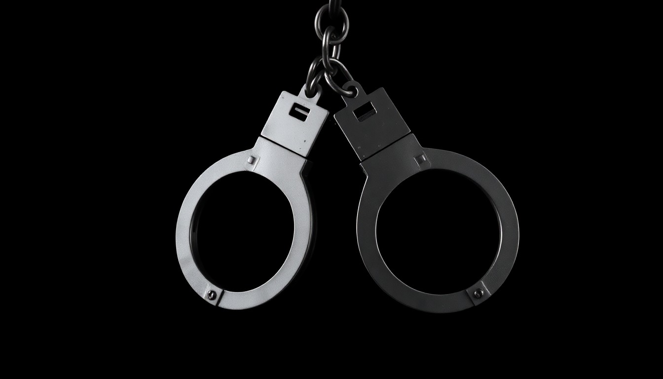 An extreme close-up photograph of a pair of handcuffs against a stark black background, the metal reflecting a bright flash of light, conceptually representing the serious consequences of a sexual assault conviction.