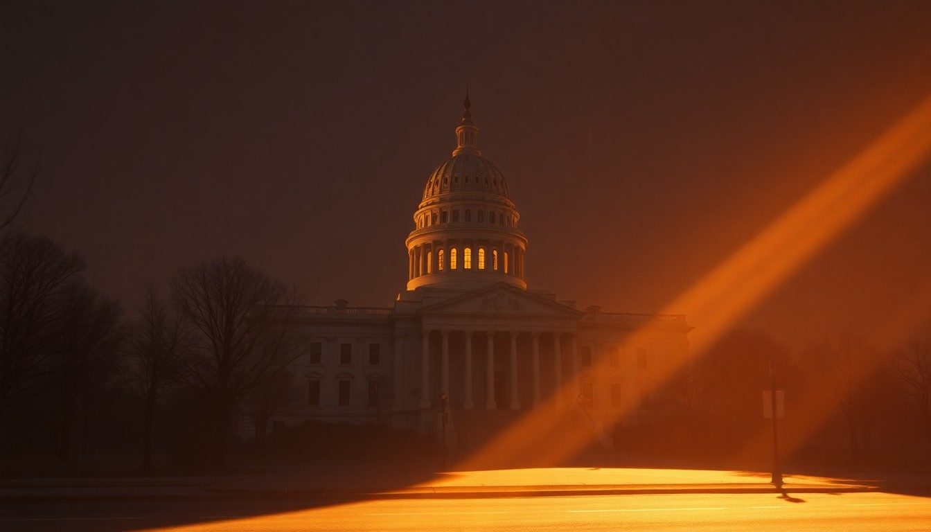 A serene, photorealistic painting of a state capitol building in soft, warm lighting, conveying a sense of governmental authority and civic engagement.
