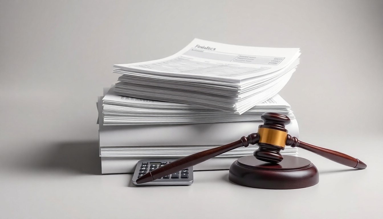 A minimalist studio still life photograph featuring a stack of financial reports, a calculator, and a gavel arranged on a clean, monochromatic background, conceptually representing the abstract corporate strategy and legal proceedings surrounding the Gartner class action lawsuit.