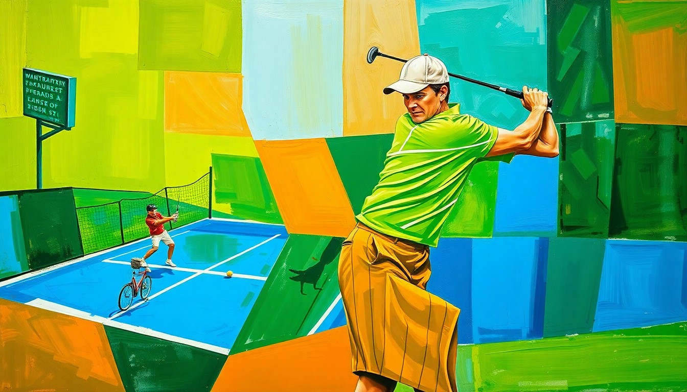 A cubist, geometric painting depicting a tennis player mid-swing and a golfer mid-swing, with the figures and movements broken down into sharp, overlapping planes of color, capturing the dynamic energy of the sports.