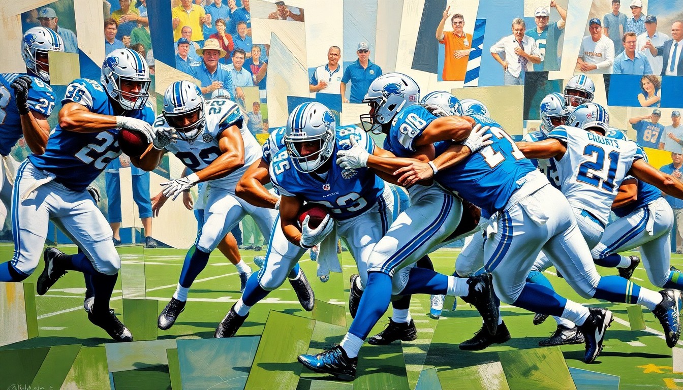 A fractured, geometric painting depicting the overlapping movements and perspectives of a football pass rush, rendered in shades of blue and silver to represent the Detroit Lions.