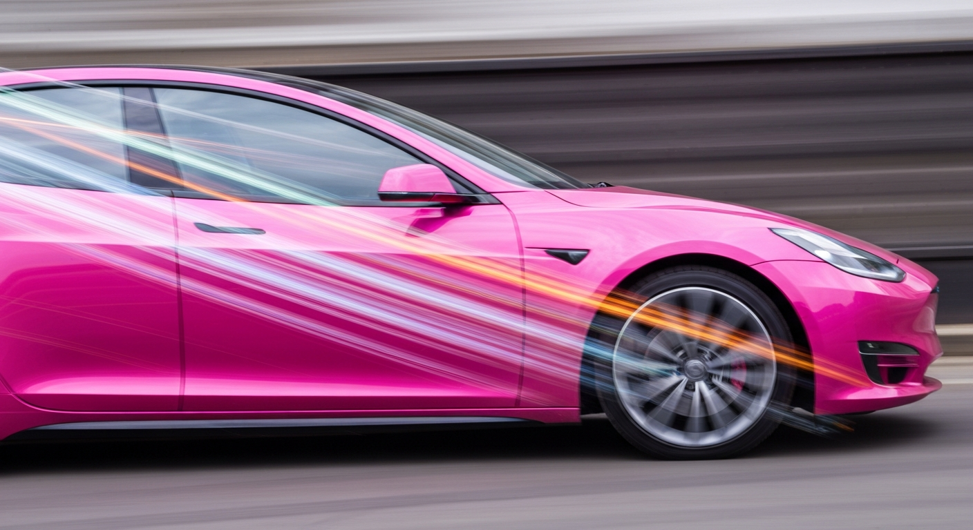 Heavily blurred streaks of hot pink, electric blue, and neon purple paint the frame, conveying the speed and energy of a Tesla electric vehicle in motion.