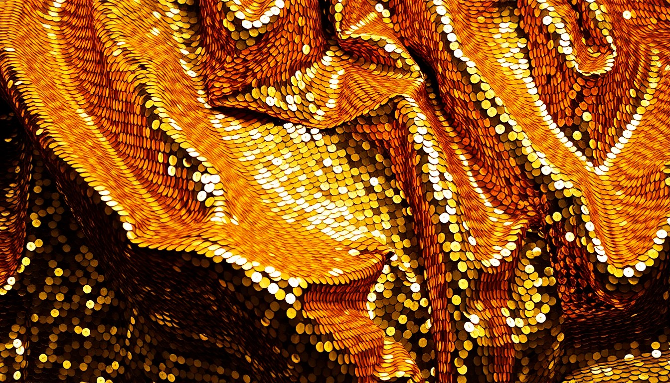 An abstract close-up photograph of shimmering gold sequins under dramatic studio lighting, conceptually representing the glitz and tension of a celebrity workplace dispute.