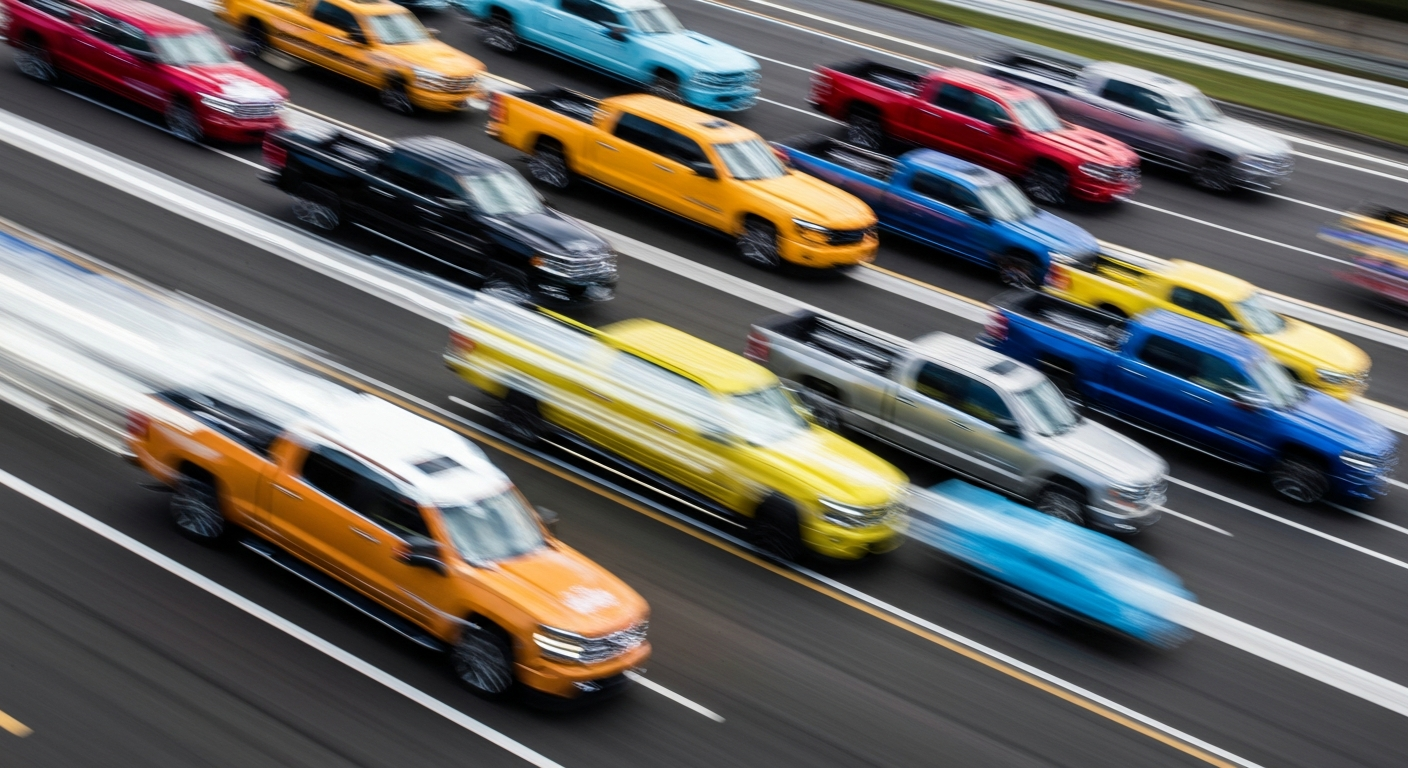 An abstract, motion-blurred image of a fleet of Chevrolet Silverado trucks in vibrant colors, conveying the speed and energy of the Indianapolis 500 festival.