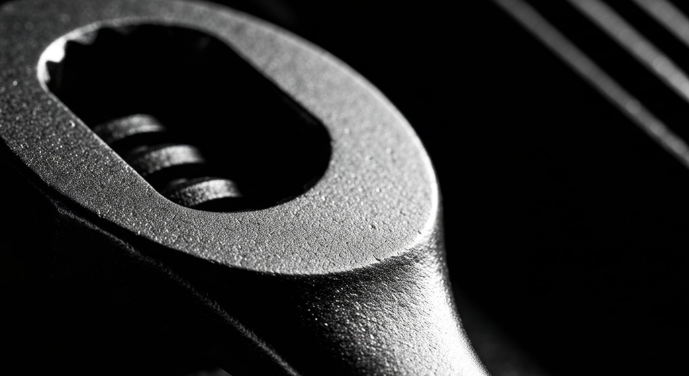 An extreme close-up of the pebbled, metallic surface of an automotive tool, captured in high contrast and dramatic lighting to convey the hands-on, technical nature of Grace's automotive instruction.