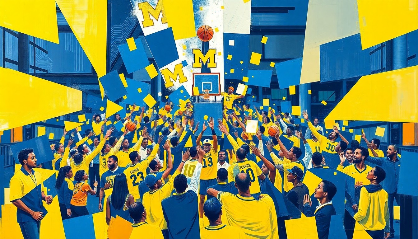 A fragmented, geometric painting in shades of blue and yellow, capturing the energy and excitement of a college basketball championship celebration through Cubist techniques.