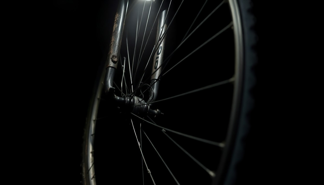 An extreme close-up of a damaged bicycle wheel and tire, reflecting the harsh, sudden nature of the crash and the need for a thorough investigation.