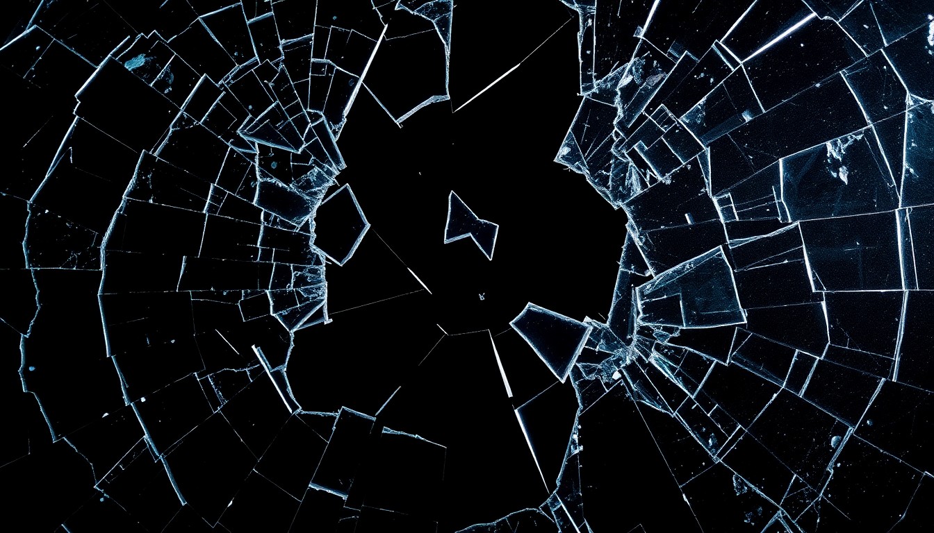 An extreme close-up of a shattered car windshield, the glass fractured and spiderwebbed, creating an intense, gritty visual that conceptually represents the violence of the attack on the good Samaritan.