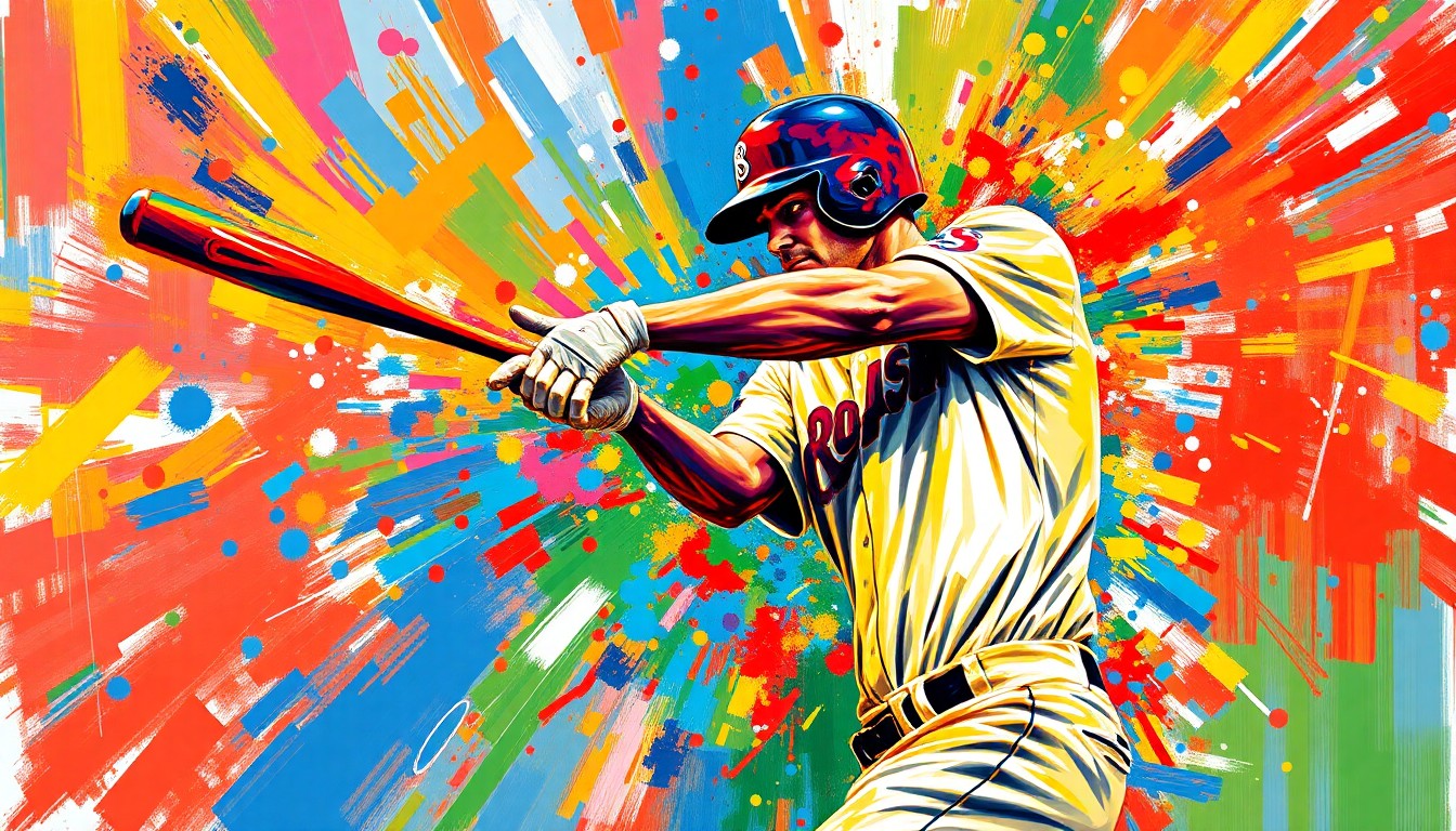 An extreme close-up of a baseball player's powerful swing, with vibrant neon brushstrokes capturing the raw energy and motion of the hit. The player's face and uniform are obscured, focusing the viewer's attention on the dynamic action of the swing.