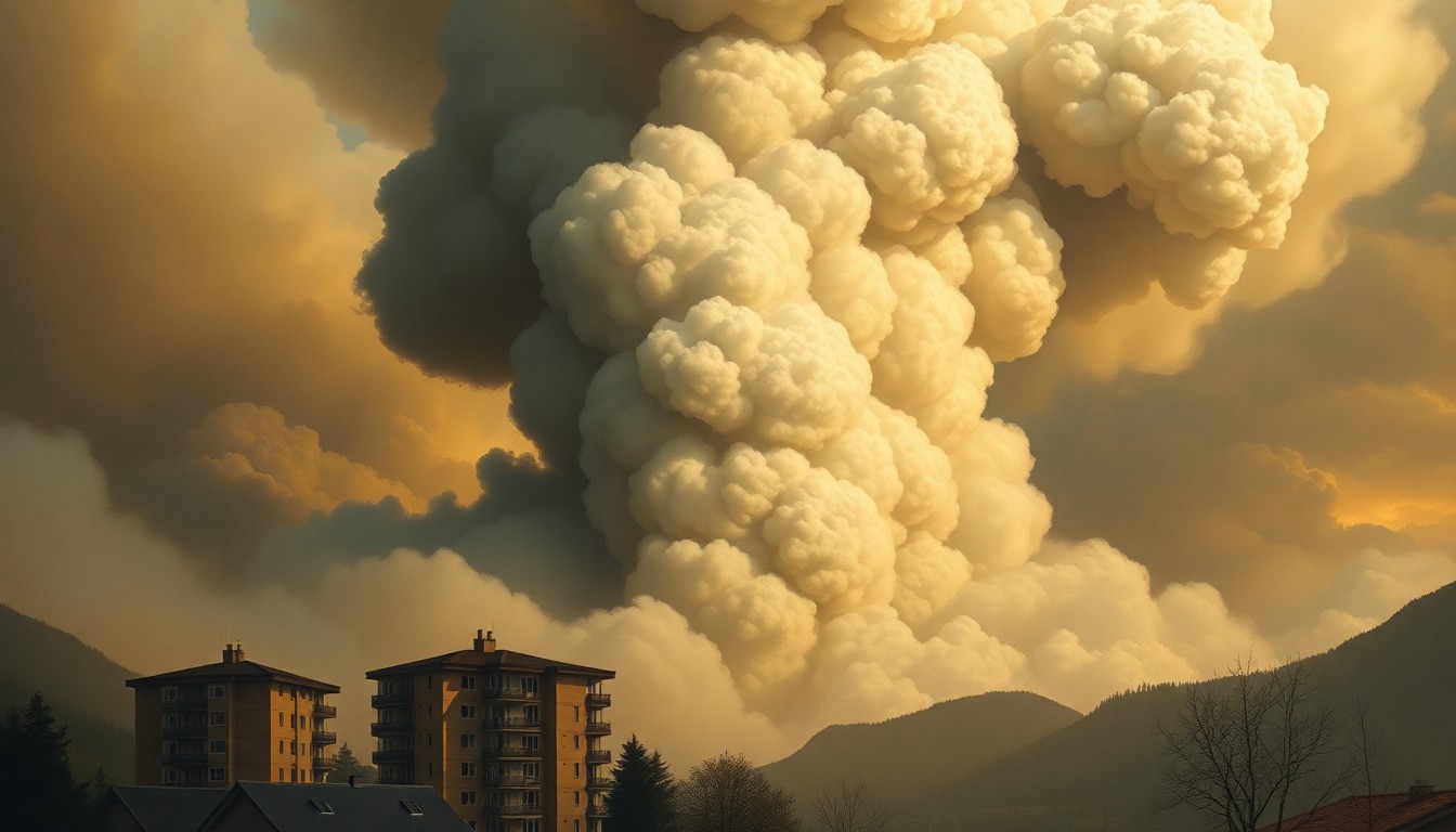 A dramatic landscape painting depicting a massive column of dark smoke rising from a partially obscured apartment building, conveying the overwhelming scale and power of the fire.