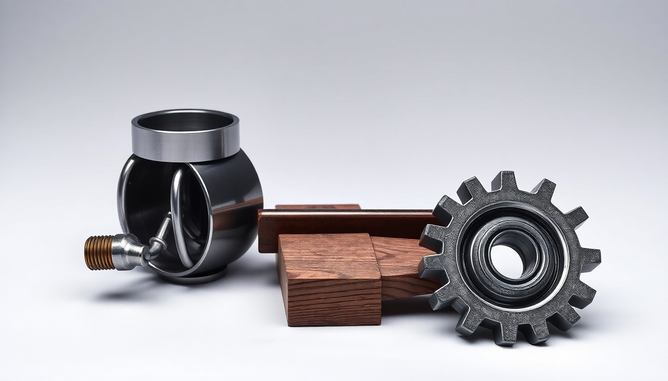 A photorealistic studio still life featuring a polished metal railroad coupling, a smooth wooden railroad tie, and a sleek metal gear, arranged elegantly on a clean, monochromatic background to conceptually represent the abstract challenges facing the transportation industry.