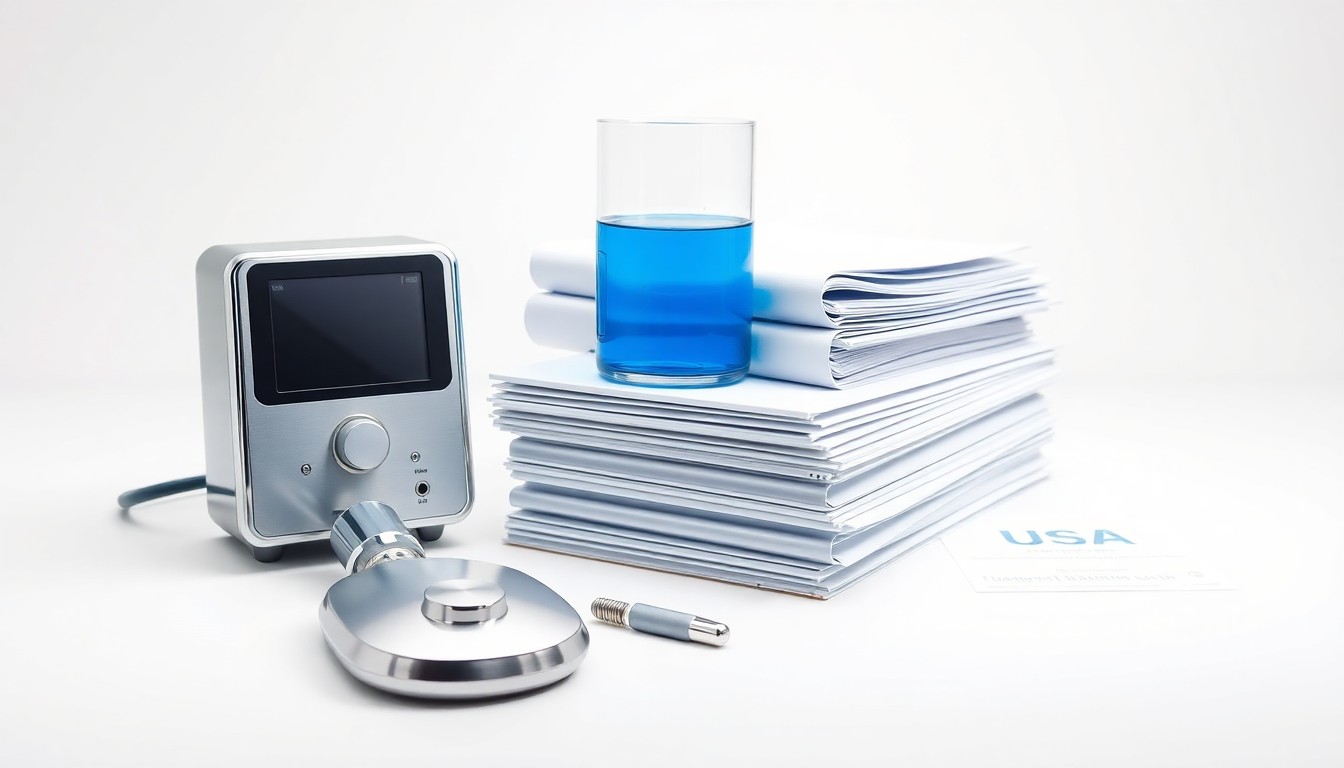 A minimalist studio photograph featuring a polished chrome medical device, a glass beaker filled with vibrant blue liquid, and a stack of medical files, conceptually representing the intersection of healthcare technology and data analytics.