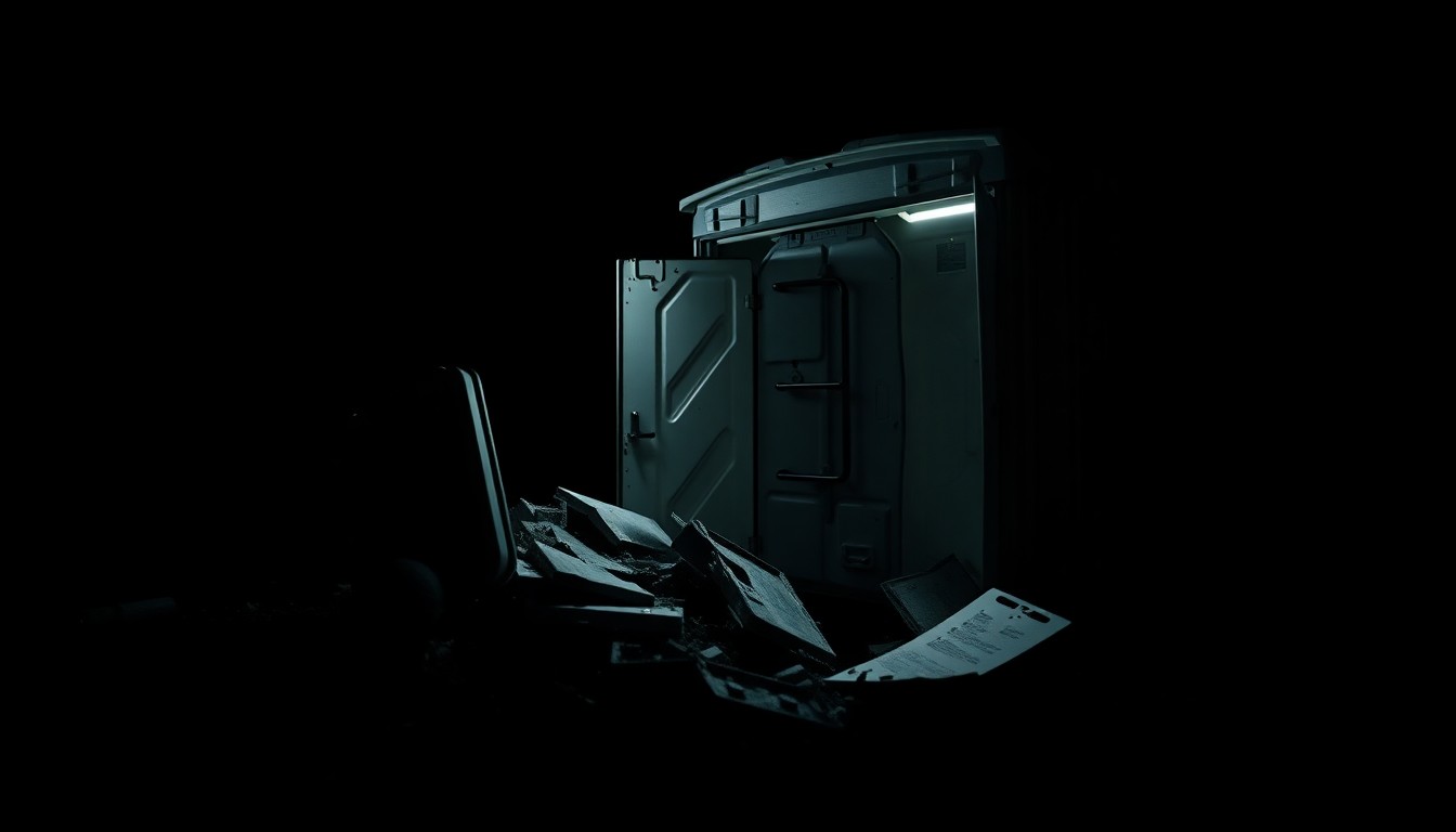 An extreme close-up photograph of the charred and twisted remains of a portable toilet, captured in stark, dramatic lighting that conveys the serious, investigative nature of this incident.