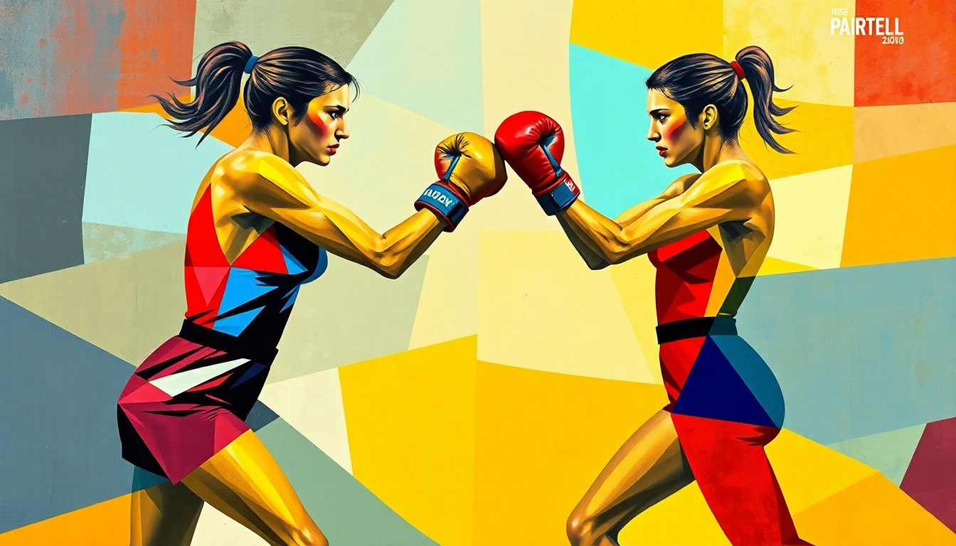 A cubist, geometric painting depicting the abstract shapes and movements of two female boxers engaged in a match, with their bodies and actions broken down into overlapping planes of vibrant colors.
