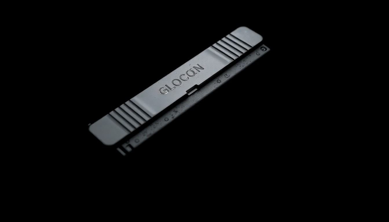 An extreme close-up photograph of a Glock pistol magazine, its metallic details and textures sharply illuminated by a harsh, direct camera flash against a pitch-black background, conveying a stark, gritty, investigative aesthetic.