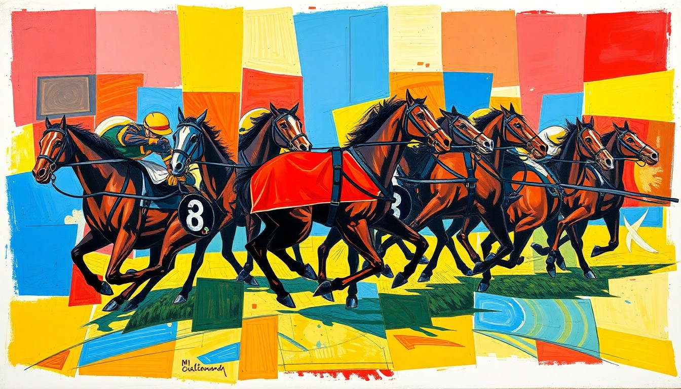 A fragmented, geometric painting in bold colors depicting the action and movement of a harness racing scene, conveying the excitement and anticipation of the new season.