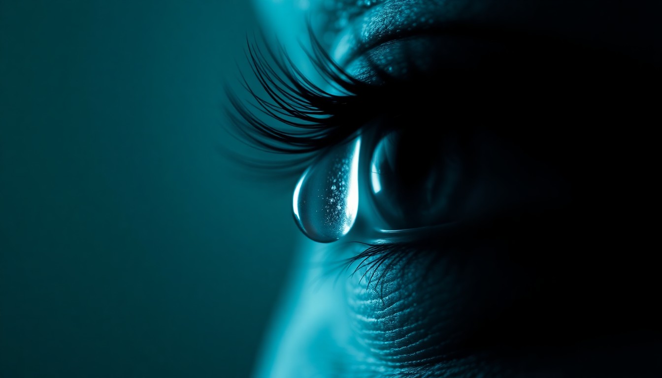 An extreme close-up photograph of a single glistening tear drop resting on a human eyelash, conveying the raw emotion and grief expressed by Kelly Ripa during her tribute to her late father-in-law.