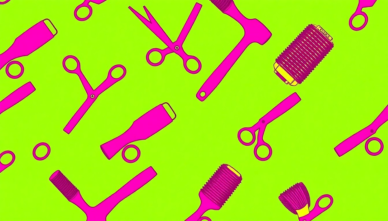 A brightly colored, high-contrast silkscreen print of a single, iconic hair styling tool repeated in a tight grid pattern, capturing the celebratory energy of a small business reopening after overcoming adversity.