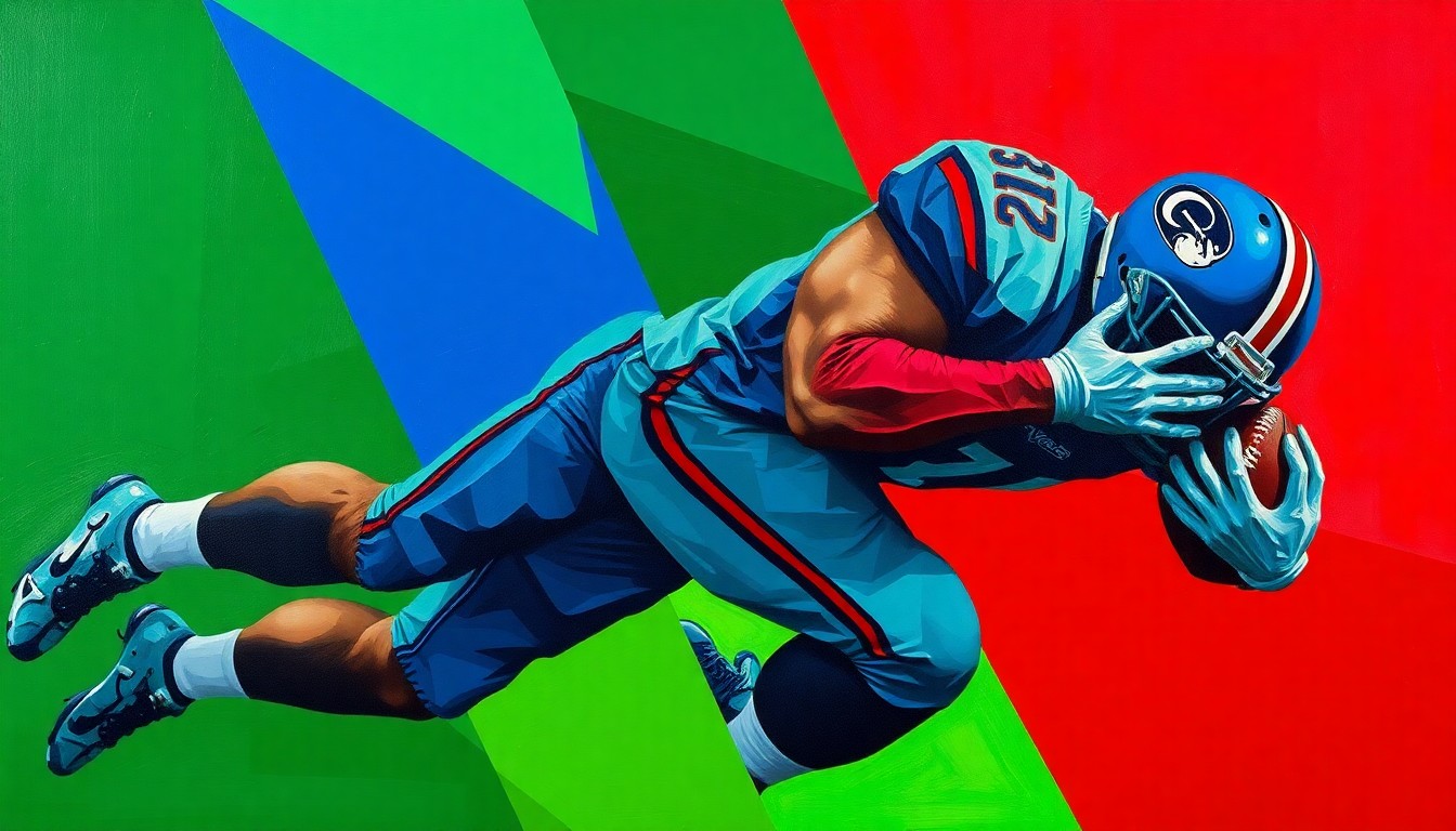 A fragmented, geometric painting depicting a linebacker in motion, with sharp planes of color and overlapping perspectives capturing the raw physicality of the sport.