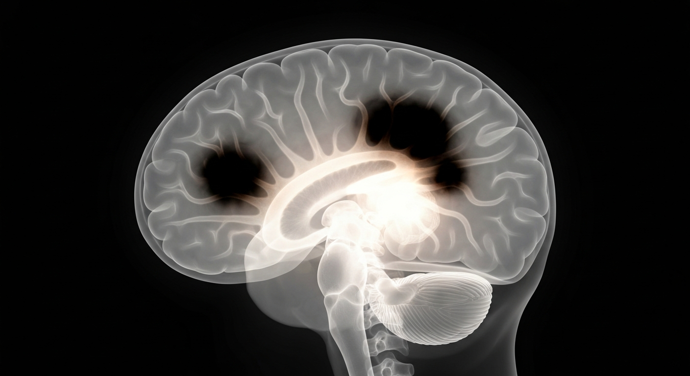 An extreme close-up X-ray photograph showing the ghostly, glowing internal structures of a human brain with dark, damaged regions, conceptually illustrating the effects of chronic traumatic encephalopathy.