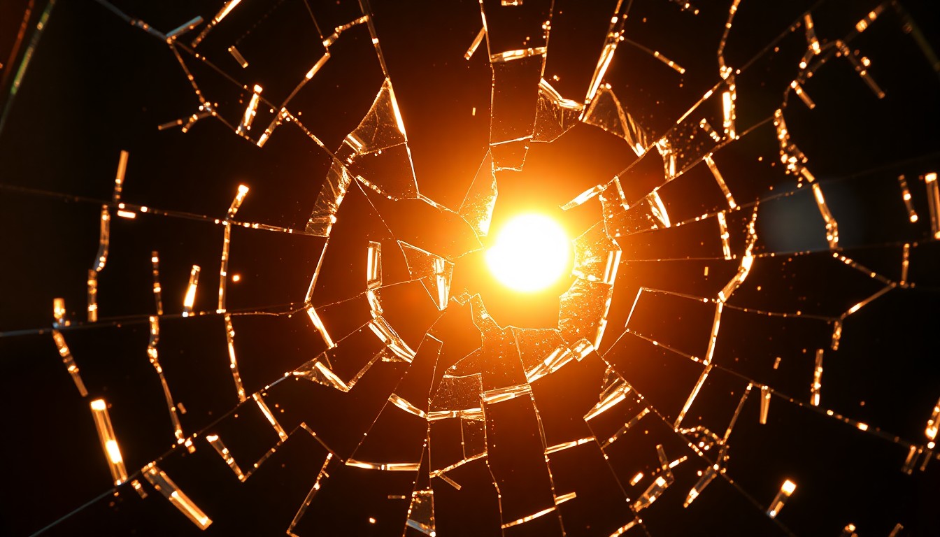 An extreme, abstract close-up photograph of shattered glass reflecting a warm, soft light, capturing the fragility of Hollywood's beauty standards in a conceptual, high-fashion aesthetic.