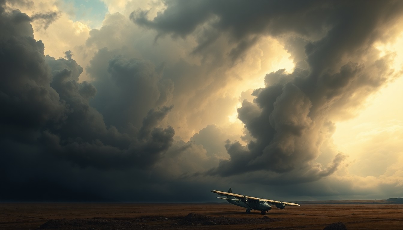 A sweeping, atmospheric landscape painting in muted tones of grey, blue, and gold, with a small, indistinct plane wreckage dwarfed by the vast, stormy sky above.