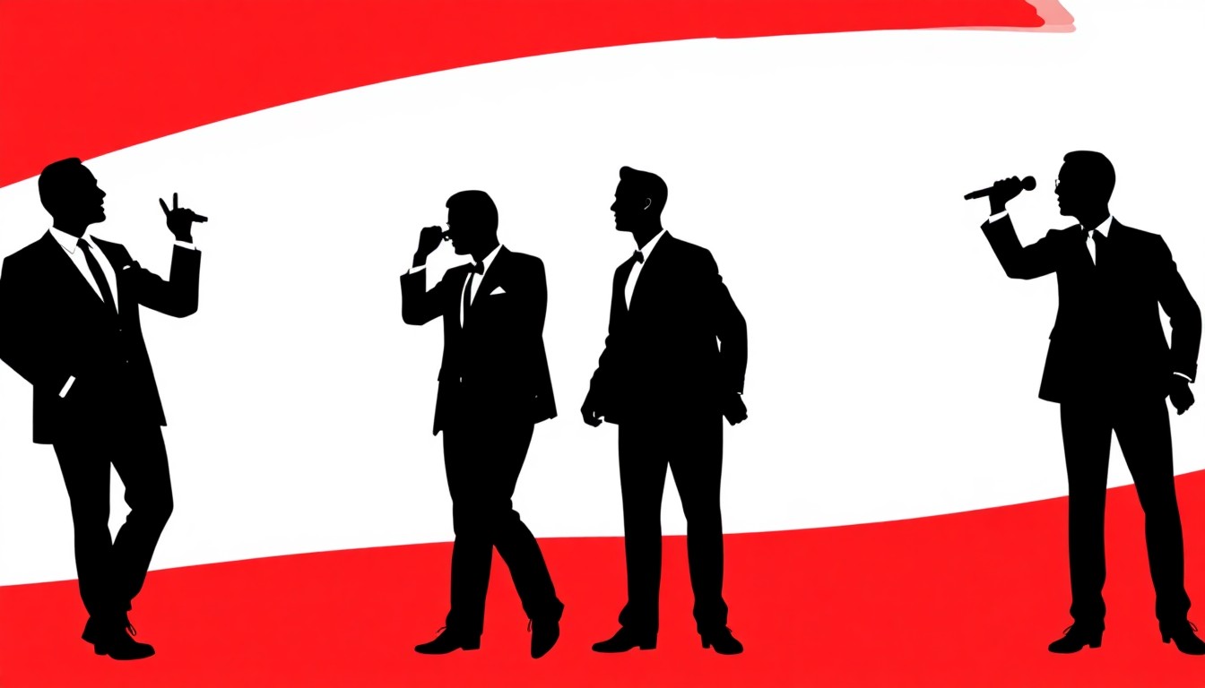 A minimalist, abstract illustration featuring bold black silhouettes of four singers in a barbershop quartet, set against a high-contrast background of solid red and white colors, conceptually representing the a cappella performance of classic barbershop tunes.