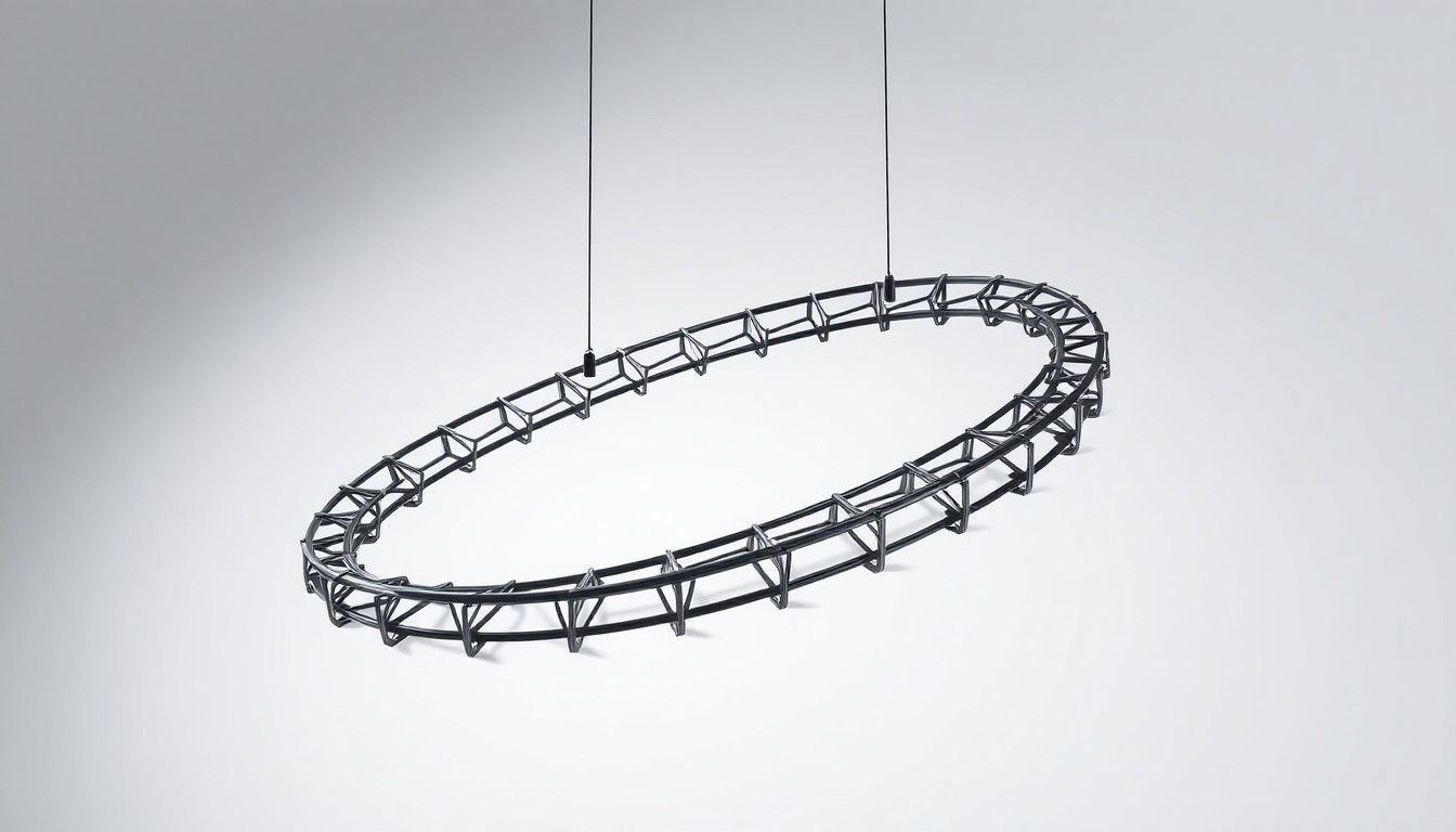 A photorealistic studio still life featuring a polished, geometric metal model of a roller coaster track, suspended against a clean white background with dramatic studio lighting and deep shadows.