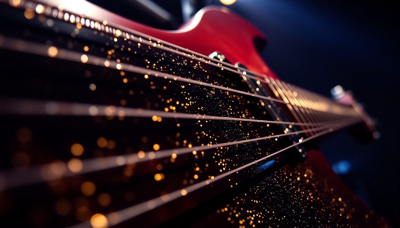 An extreme macro photograph of shimmering, glittering guitar strings bathed in dramatic studio lighting, capturing the luxurious, high-energy essence of a Foo Fighters live performance.