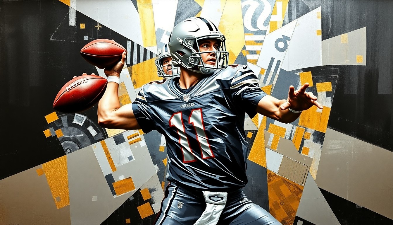 A cubist-style painting depicting a football quarterback in mid-throw, broken down into overlapping geometric shapes and planes in a metallic color palette, conveying the dynamic energy and potential of the Raiders' top draft selection.