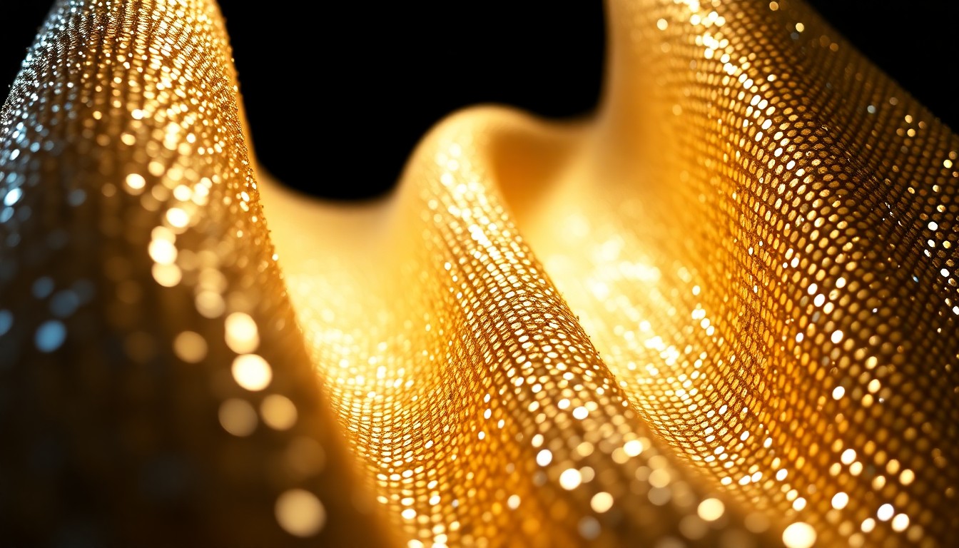 An extreme close-up of a shimmering, sequined fabric in dramatic high-contrast studio lighting, conceptually representing the glitz and glamour of country music stardom.