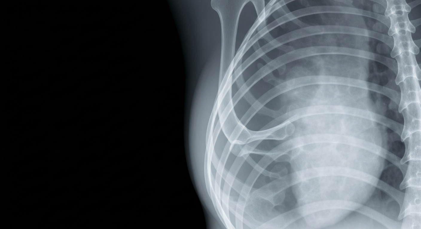 A ghostly, translucent X-ray photograph revealing the intricate internal structure of a human breast, glowing against a dark background, conceptually representing the fragility and resilience of the body in the face of cancer.