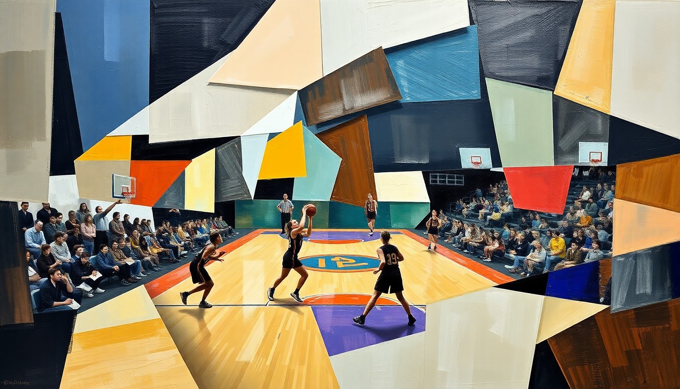 A cubist, geometric painting depicting a fragmented, multi-angled view of a women's basketball game, capturing the dynamic energy and competitive spirit of the sport.