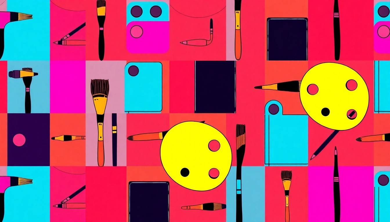 A brightly colored, high-contrast silkscreen print of various art supplies like paintbrushes, palettes, and sketchbooks repeated in a tight grid pattern, capturing the creative energy and passion of young artists.