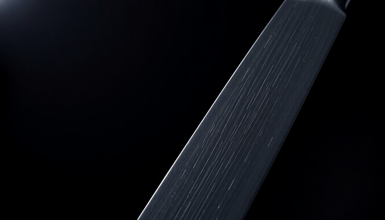 An extreme close-up photograph of a serrated steak knife, its sharp edges and metallic sheen standing out against a pitch-black background, conceptually illustrating the threat of weapons on school property.