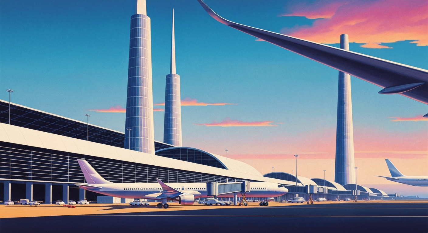 A bold, geometric illustration in shades of blue and gray, depicting the towering silhouette of an airport terminal or aircraft against a sweeping gradient background, capturing the scale and drama of air travel without any literal depiction of people or text.