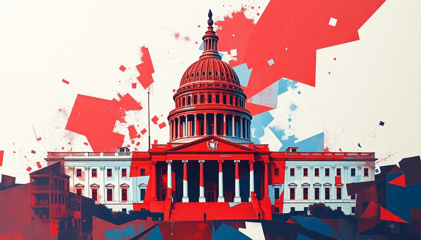 An abstract, fractured painting in red, white, and blue hues depicting an angular, geometric figure representing the U.S. Capitol building, conveying a sense of political turmoil and dysfunction.