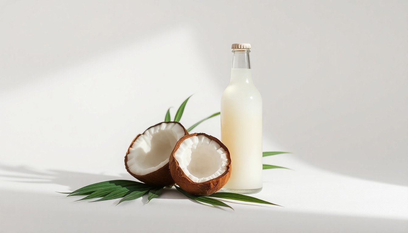 A photorealistic studio still life featuring a glass bottle of coconut water, a coconut shell, and green leaves arranged on a clean white background, using dramatic lighting and shadows to symbolize the corporate strategy and financial risks facing the beverage company.