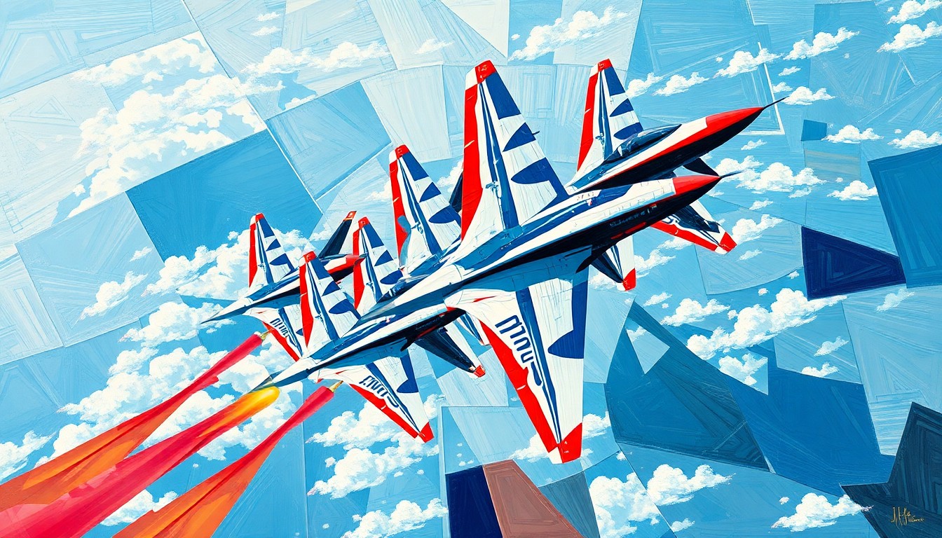 A cubist, geometric painting depicting the angular, overlapping forms of fighter jets in the sky, rendered in the bold red, white, and blue colors of the U.S. Air Force Thunderbirds team, capturing the dynamic energy and precision of their aerial acrobatics.