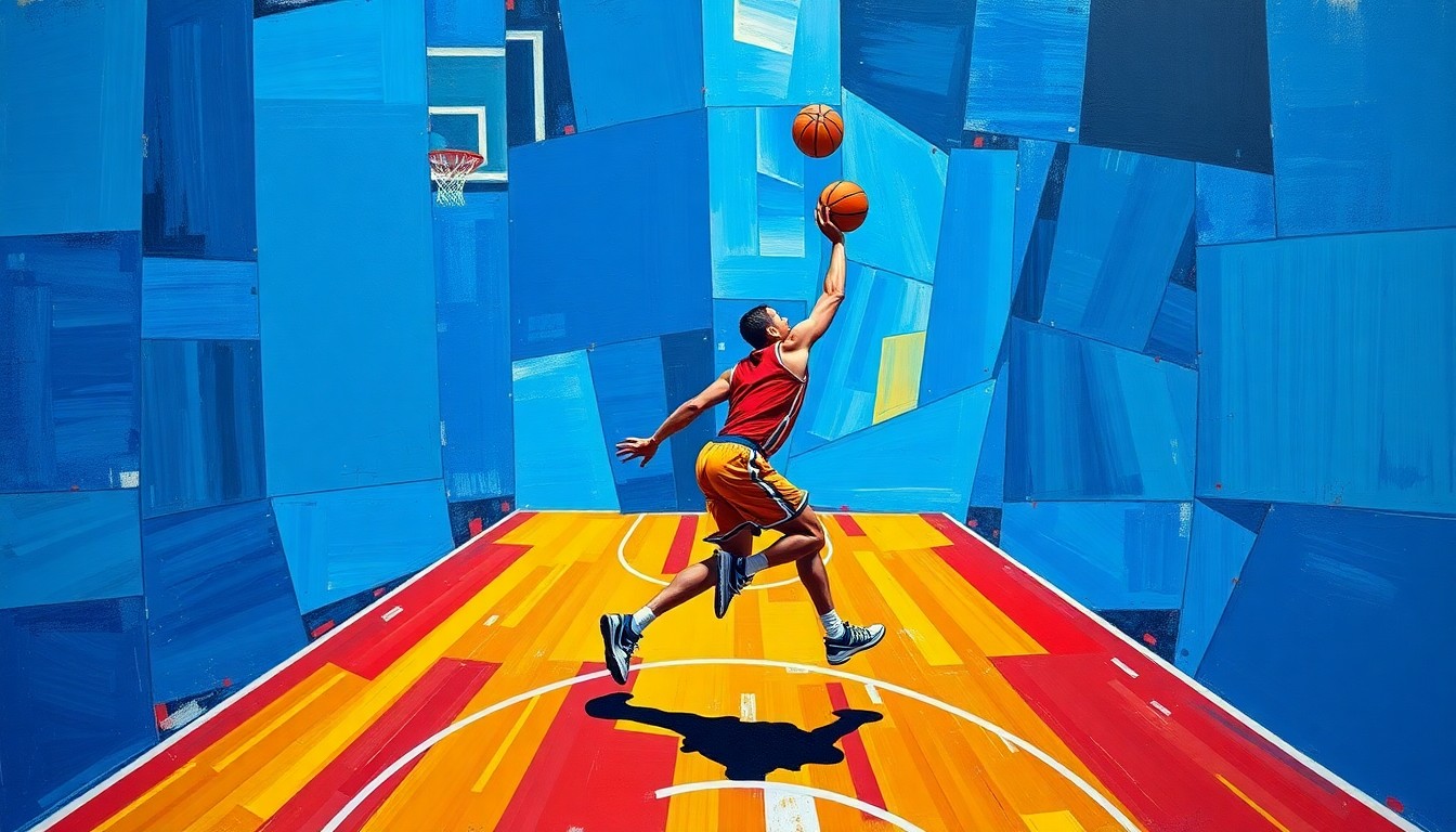 A fragmented, cubist-style painting depicting the dynamic movements of a basketball player on the court, with sharp geometric shapes in bold colors representing the energy and intensity of the game.