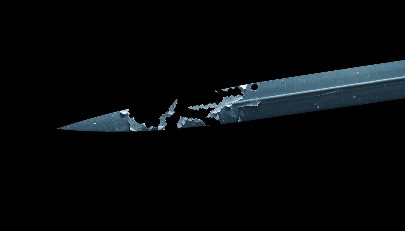 An extreme close-up photograph of a shattered sword blade against a pitch-black background, conceptually illustrating the violence and danger faced by first responders in this incident.